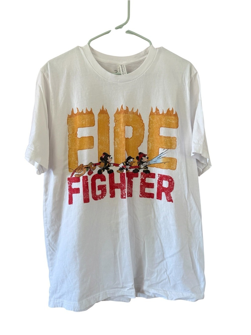 Disney White Tee with Yellow and Red "FIRE FIGHTER" Graphic